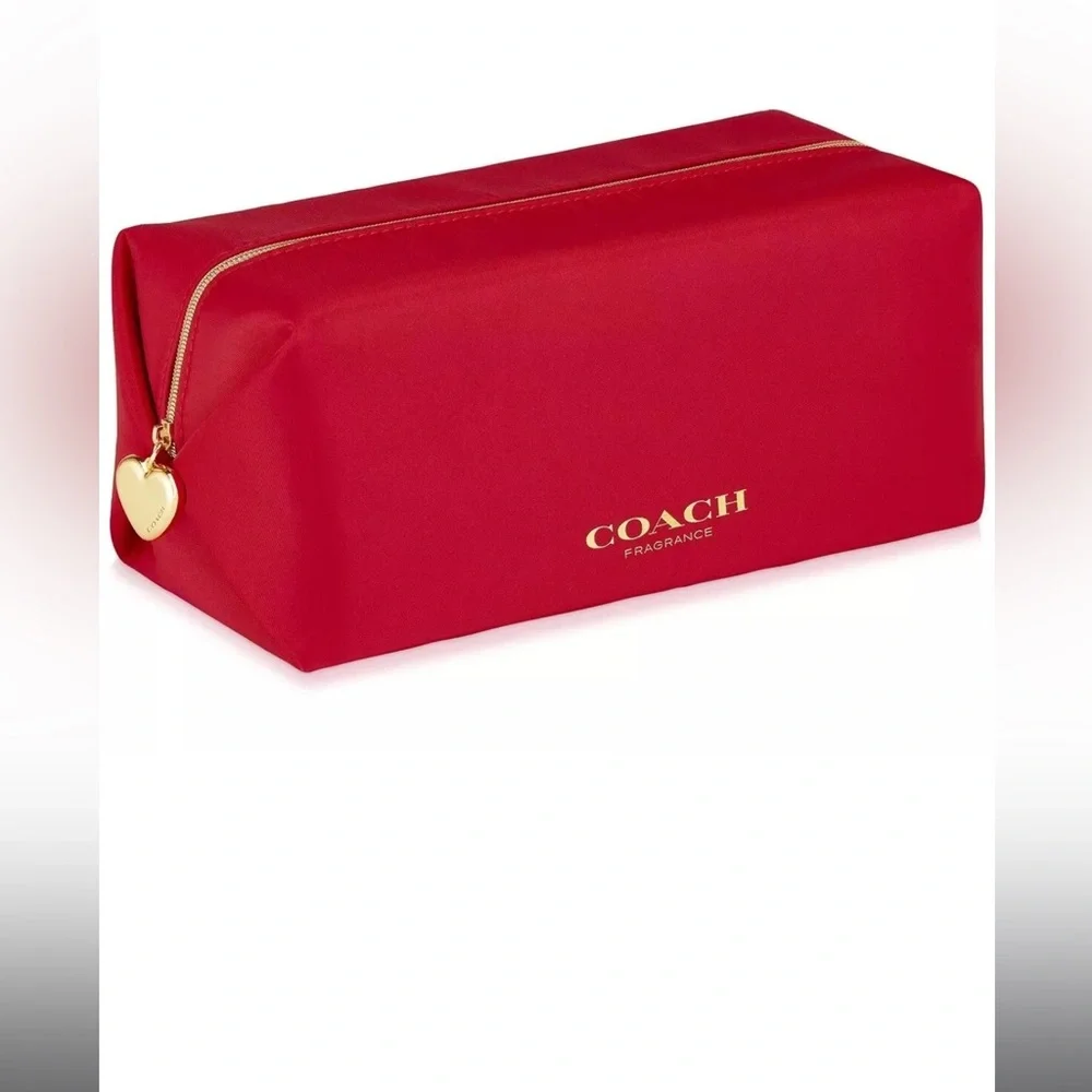 Red Coach Love Cosmetics Pouch Travel Case Makeup Bag Gold Heart Charm - Picture 1 of 3